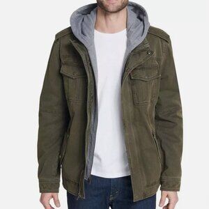 Levi's Twill Hooded Military Trucker Jacket Men's M Olive Green Adjustable
